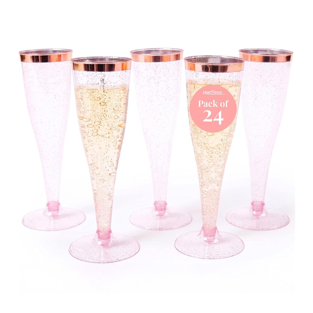 Set of 24 Plastic Champagne Flutes, Silver Glitter Pink Glass w/ Rose Gold Rim
